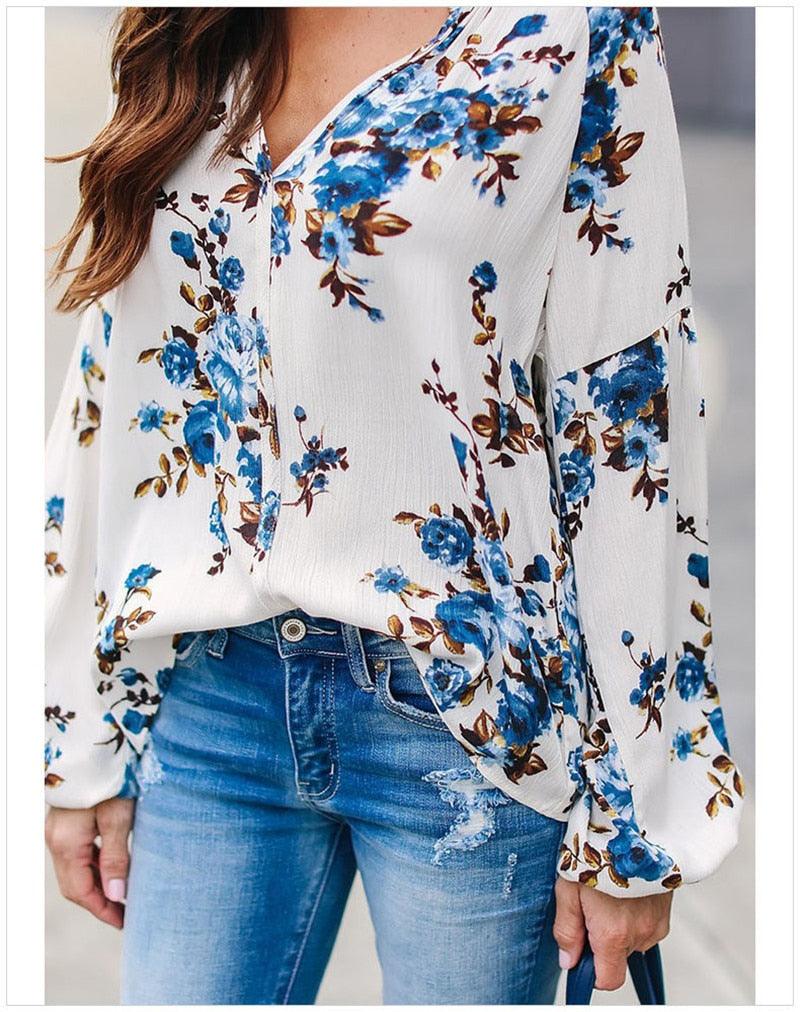 Fashion Women Elegant Chiffon Blouses - Ballon Long Sleeve - Floral Print Sexy V-Neck - Office Lady Shirt (2U19)(2U35)