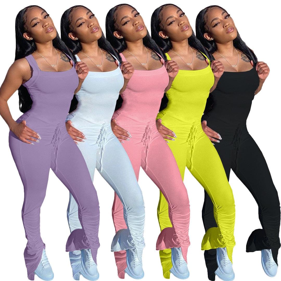 Great Women Solid Color Sleeveless Tank Bodysuit - Stacked Bell Bottom Flare Jumpsuit - Sexy Party Club Overall Romper (1U33)