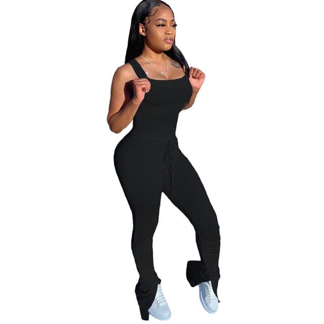 Great Women Solid Color Sleeveless Tank Bodysuit - Stacked Bell Bottom Flare Jumpsuit - Sexy Party Club Overall Romper (1U33)