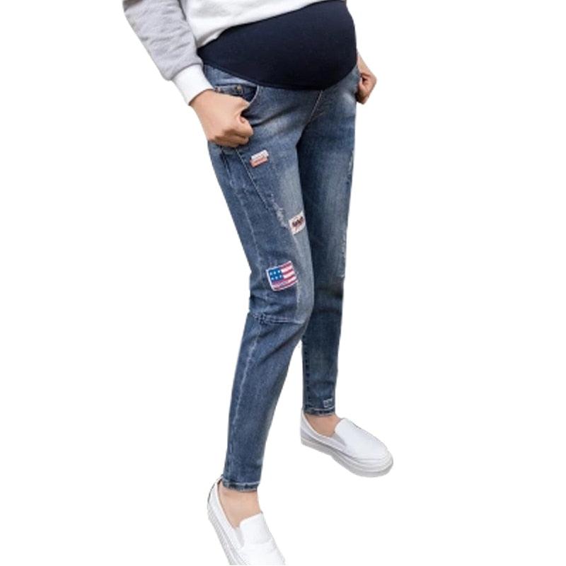 Elastic Waist Hole Stretch Denim Maternity Belly Jeans - Autumn Spring Pants - Pregnant Women Pregnancy Pencil Trousers (Z2)(F4)