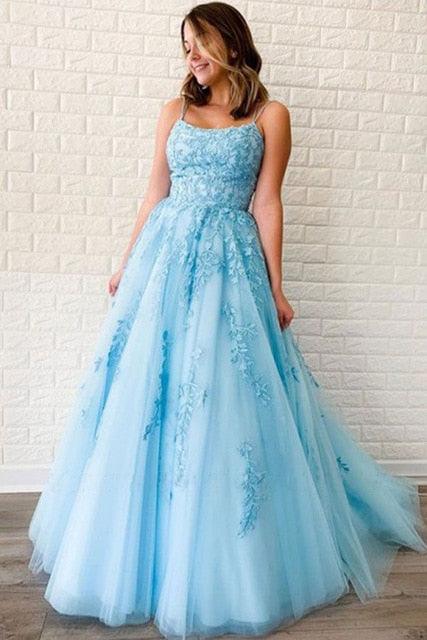 Elegant Evening Dresses - Blue, Yellow Spaghetti Strap - Lace A Line Prom Dresses (WSO3)(WSO5)(WSO4)(F18)
