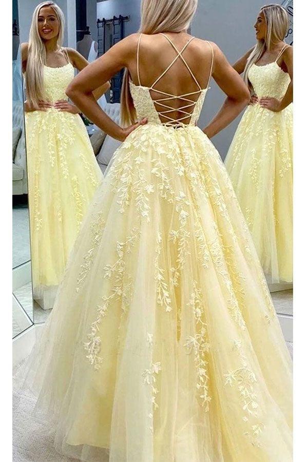 Elegant Evening Dresses - Blue, Yellow Spaghetti Strap - Lace A Line Prom Dresses (WSO3)(WSO5)(WSO4)(F18)
