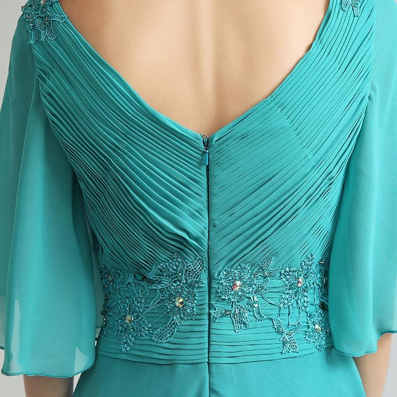 Elegant Half Sleeve Jade Long Dress - Beading Chiffon Pleated Top - V Neck Fashion Women Party Gowns (BWM)(WSO3)(BCD1)(F30)(F35)