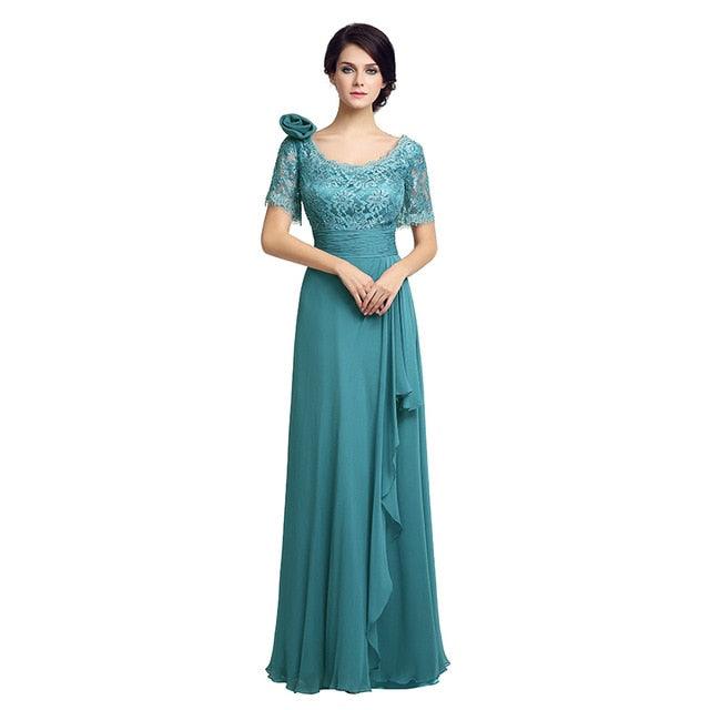 Elegant Short Sleeve Lace Gorgeous Dress - With Flower Long Chiffon Pleat Sequined Wedding Party Gowns (D30)(BWM)(WSO3)