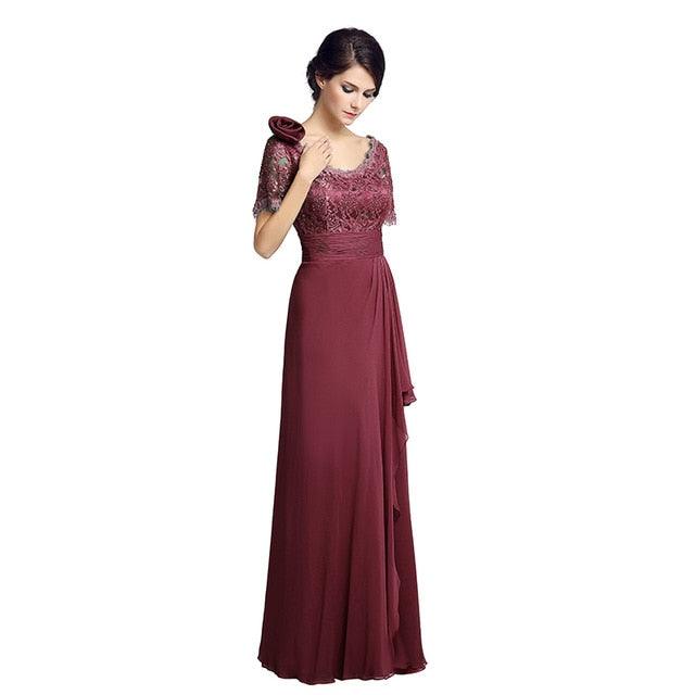 Elegant Short Sleeve Lace Gorgeous Dress - With Flower Long Chiffon Pleat Sequined Wedding Party Gowns (D30)(BWM)(WSO3)