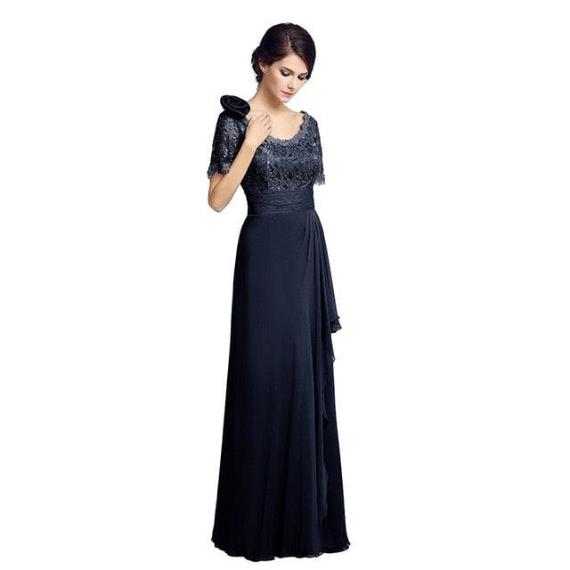 Elegant Short Sleeve Lace Gorgeous Dress - With Flower Long Chiffon Pleat Sequined Wedding Party Gowns (D30)(BWM)(WSO3)