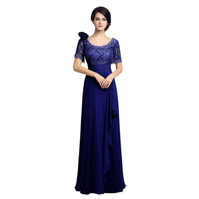 Elegant Short Sleeve Lace Gorgeous Dress - With Flower Long Chiffon Pleat Sequined Wedding Party Gowns (D30)(BWM)(WSO3)
