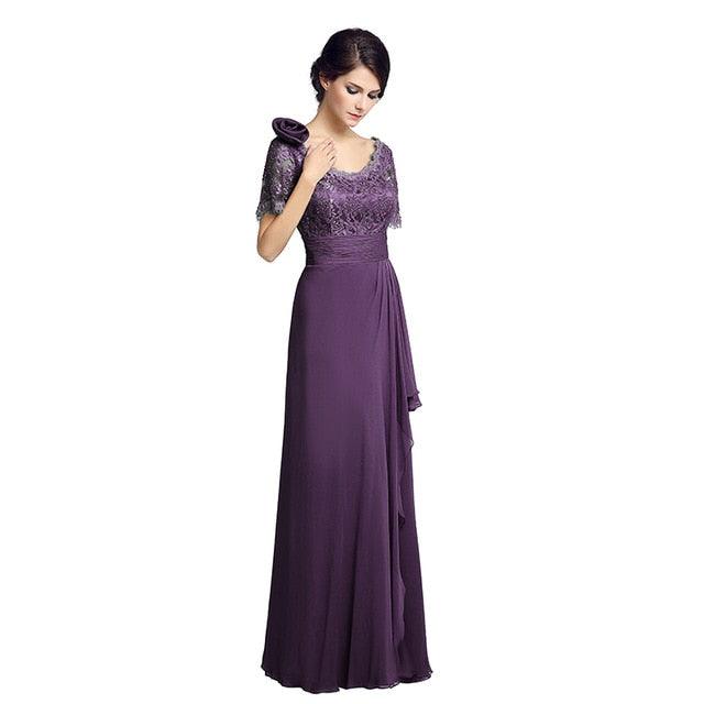 Elegant Short Sleeve Lace Gorgeous Dress - With Flower Long Chiffon Pleat Sequined Wedding Party Gowns (D30)(BWM)(WSO3)