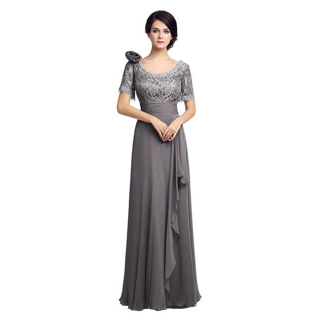 Elegant Short Sleeve Lace Gorgeous Dress - With Flower Long Chiffon Pleat Sequined Wedding Party Gowns (D30)(BWM)(WSO3)