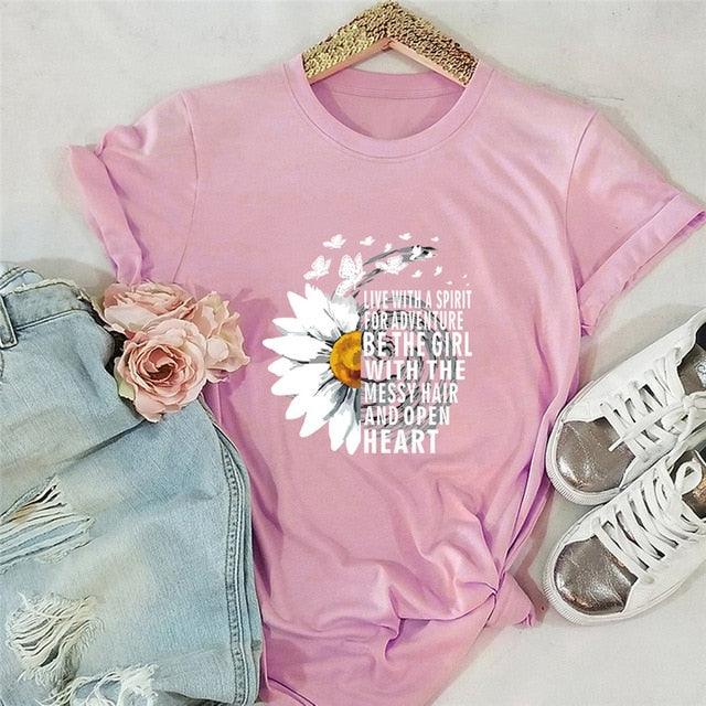 Motivational Women's T Shirts - Cotton Female Chrysanthemum Print Graphics Tops - Summer 5XL (D19)(TB2)