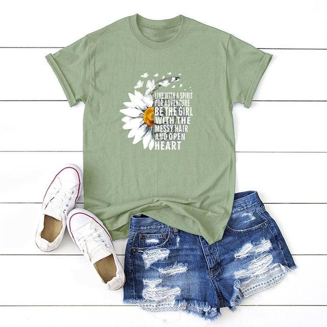 Motivational Women's T Shirts - Cotton Female Chrysanthemum Print Graphics Tops - Summer 5XL (D19)(TB2)