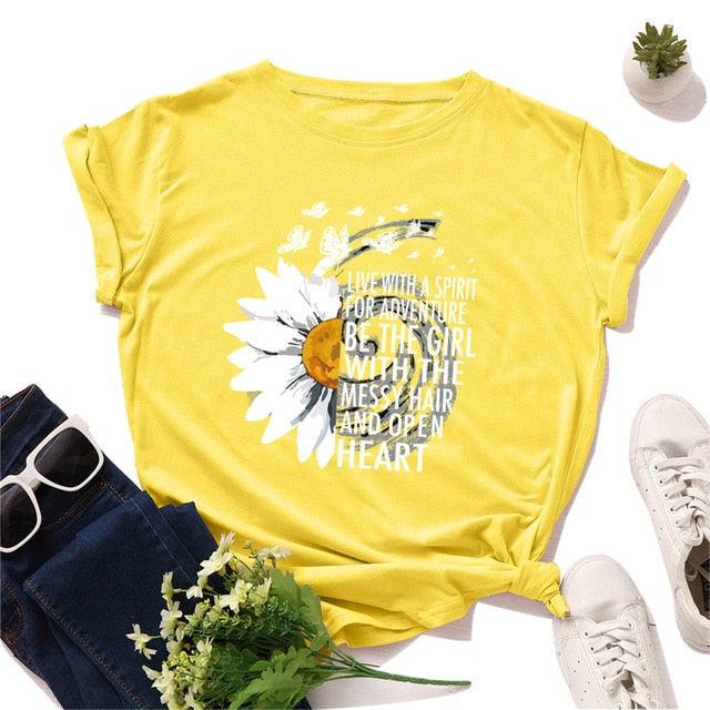 Motivational Women's T Shirts - Cotton Female Chrysanthemum Print Graphics Tops - Summer 5XL (D19)(TB2)