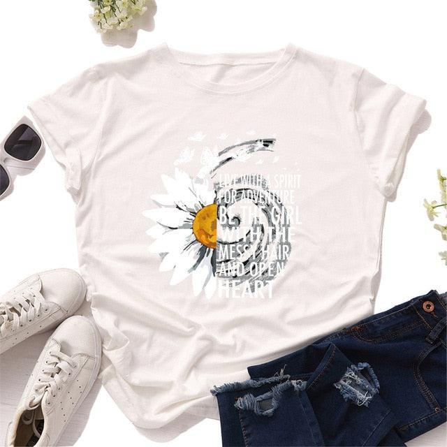 Motivational Women's T Shirts - Cotton Female Chrysanthemum Print Graphics Tops - Summer 5XL (D19)(TB2)