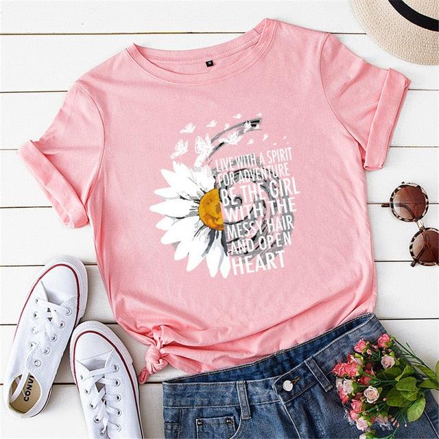 Motivational Women's T Shirts - Cotton Female Chrysanthemum Print Graphics Tops - Summer 5XL (D19)(TB2)