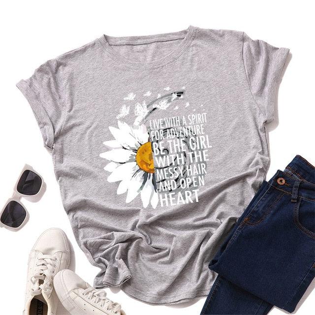 Motivational Women's T Shirts - Cotton Female Chrysanthemum Print Graphics Tops - Summer 5XL (D19)(TB2)