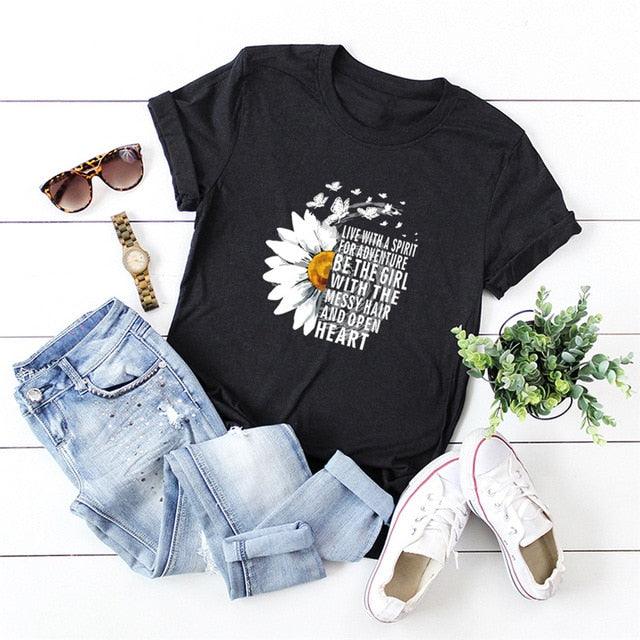 Motivational Women's T Shirts - Cotton Female Chrysanthemum Print Graphics Tops - Summer 5XL (D19)(TB2)