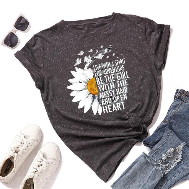 Motivational Women's T Shirts - Cotton Female Chrysanthemum Print Graphics Tops - Summer 5XL (D19)(TB2)