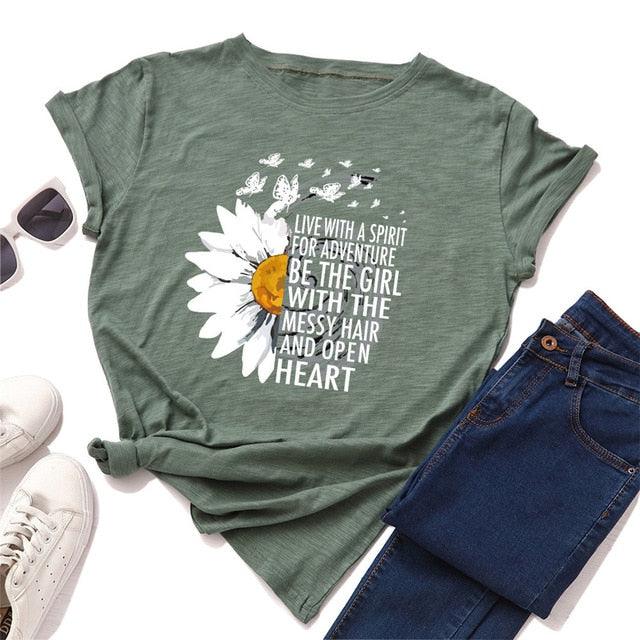 Motivational Women's T Shirts - Cotton Female Chrysanthemum Print Graphics Tops - Summer 5XL (D19)(TB2)