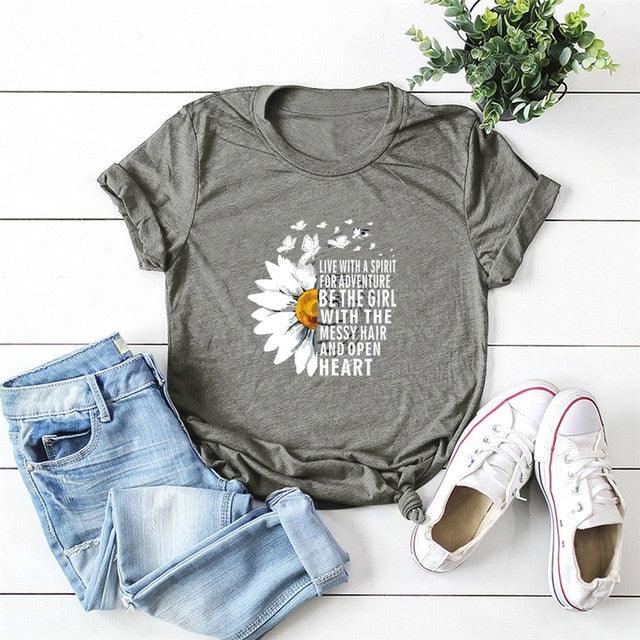 Motivational Women's T Shirts - Cotton Female Chrysanthemum Print Graphics Tops - Summer 5XL (D19)(TB2)