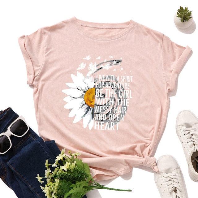 Motivational Women's T Shirts - Cotton Female Chrysanthemum Print Graphics Tops - Summer 5XL (D19)(TB2)