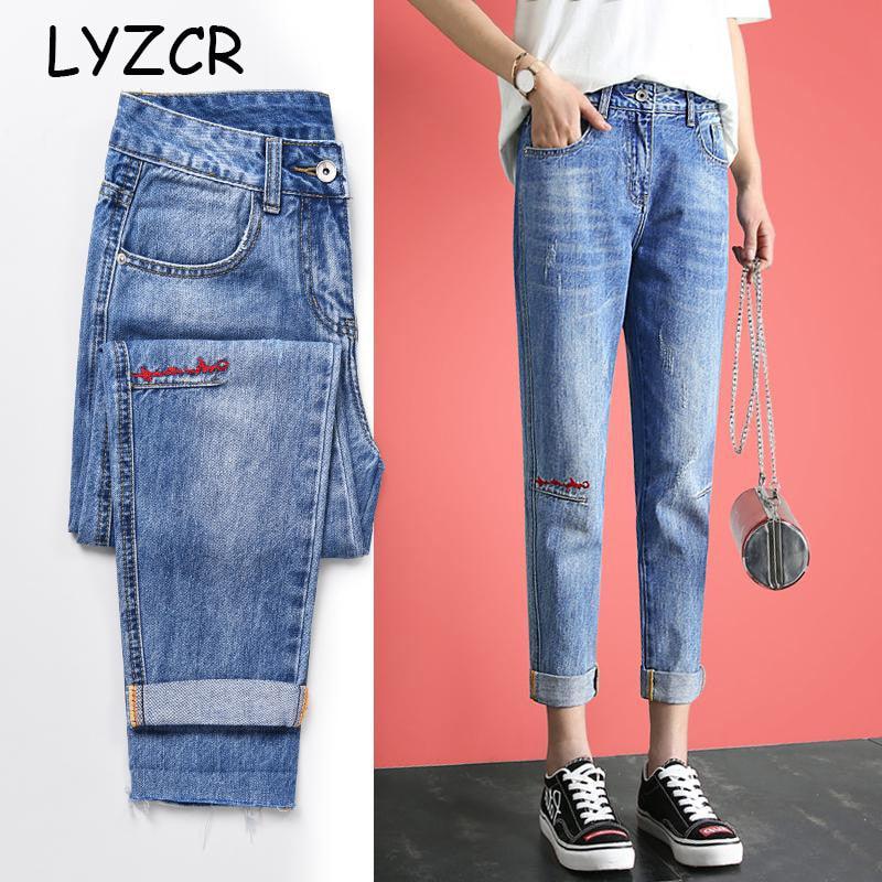 Cheap Spring Retro Patch Embroidery Women Jeans Elastic Waist Loose Harlan  Pants