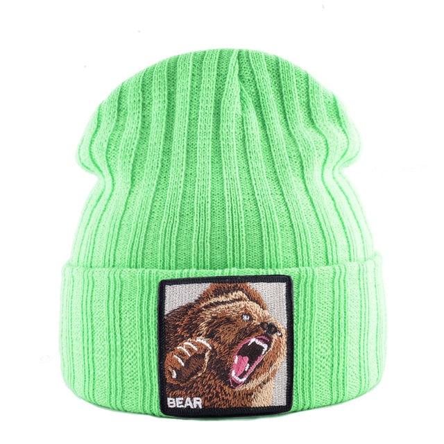 Embroidery Bear Knitted Beanies Hat - Men Solid Color Autumn Winter Beanies (MA8)