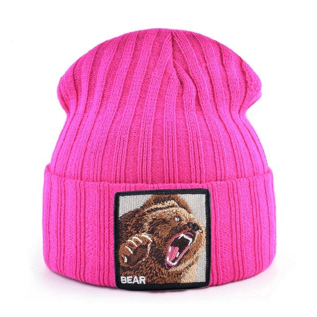 Embroidery Bear Knitted Beanies Hat - Men Solid Color Autumn Winter Beanies (MA8)