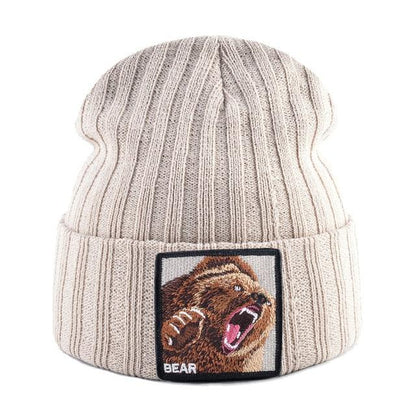Embroidery Bear Knitted Beanies Hat - Men Solid Color Autumn Winter Beanies (MA8)