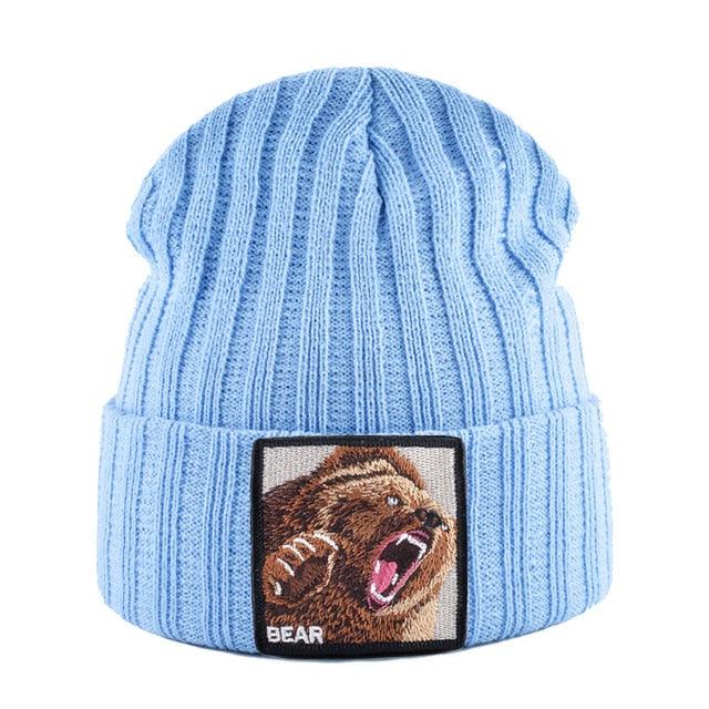 Embroidery Bear Knitted Beanies Hat - Men Solid Color Autumn Winter Beanies (MA8)
