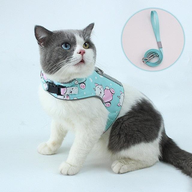 Escape Proof Cat Vest Harness Leash Set - Adjustable Reflective Harnesses Soft Breathable Chest Strap (1U75)