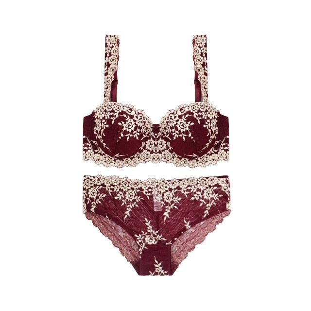 Great Europe Women Underwear Lace Embroidery 1/2 Push Up Bra Set - Comfortable Adjustable Large Size B C Cup Brassiere Set (TSB4)
