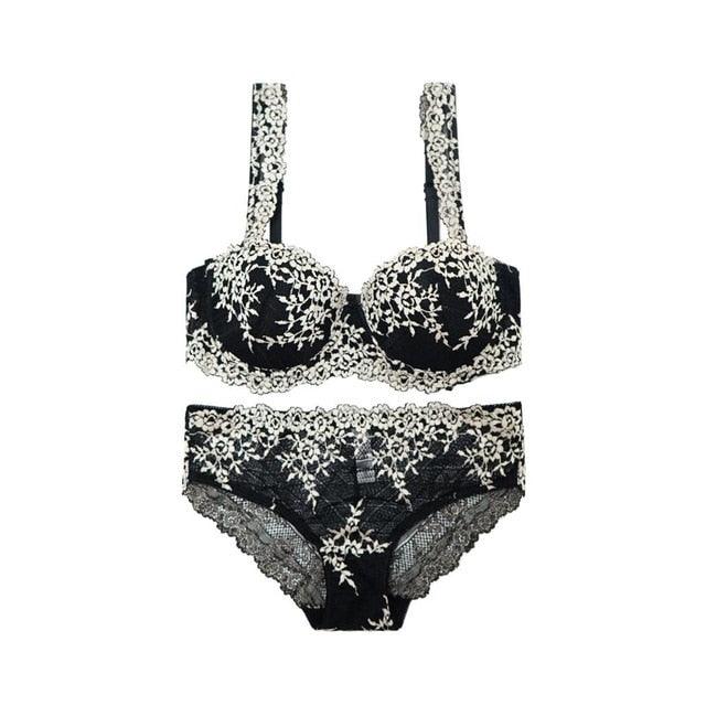 Great Europe Women Underwear Lace Embroidery 1/2 Push Up Bra Set - Comfortable Adjustable Large Size B C Cup Brassiere Set (TSB4)