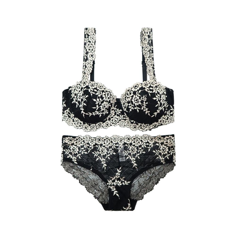 Great Europe Women Underwear Lace Embroidery 1/2 Push Up Bra Set - Comfortable Adjustable Large Size B C Cup Brassiere Set (TSB4)