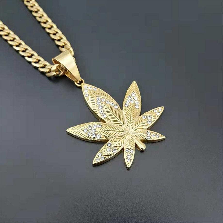 European Leaf Pendant Necklaces - Men Gold Color Stainless Steel Rhinestones Necklaces (MJ2)(F83)