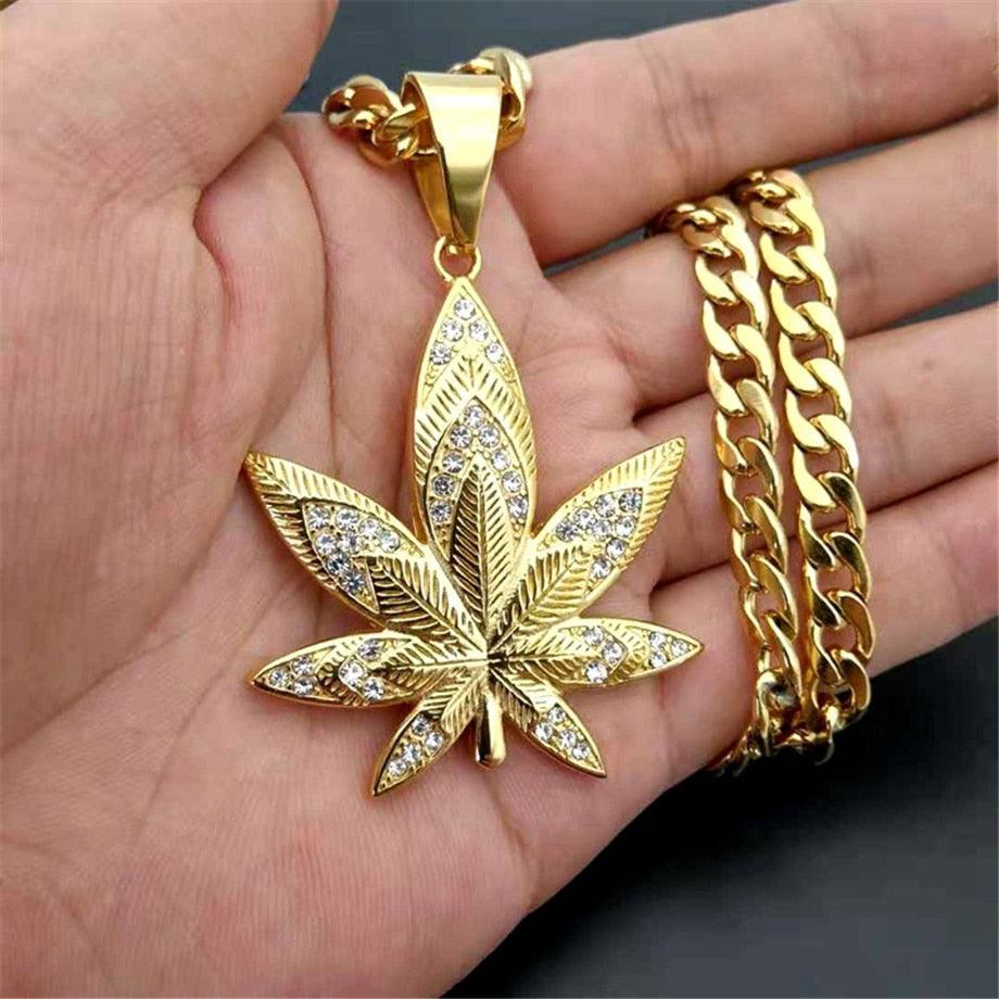 European Leaf Pendant Necklaces - Men Gold Color Stainless Steel Rhinestones Necklaces (MJ2)(F83)