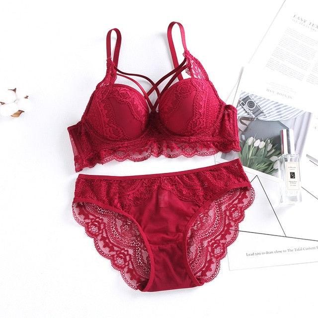 Gorgeous Sexy Cross Underwear - Hollow Push Up Bra Set - Lace Embroidery Bra + Panties - B C Cup - Push Size Lingerie Set (TSB4)