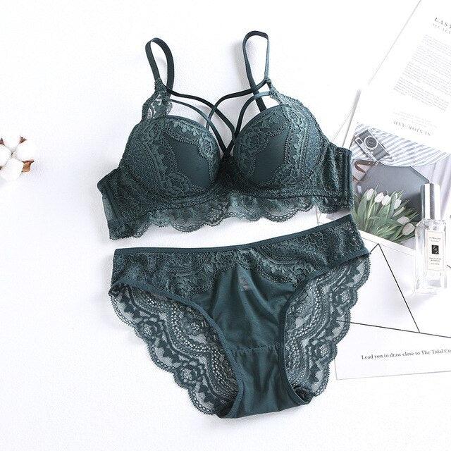 Gorgeous Sexy Cross Underwear - Hollow Push Up Bra Set - Lace Embroidery Bra + Panties - B C Cup - Push Size Lingerie Set (TSB4)