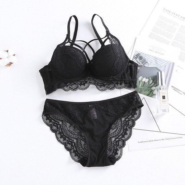 Gorgeous Sexy Cross Underwear - Hollow Push Up Bra Set - Lace Embroidery Bra + Panties - B C Cup - Push Size Lingerie Set (TSB4)