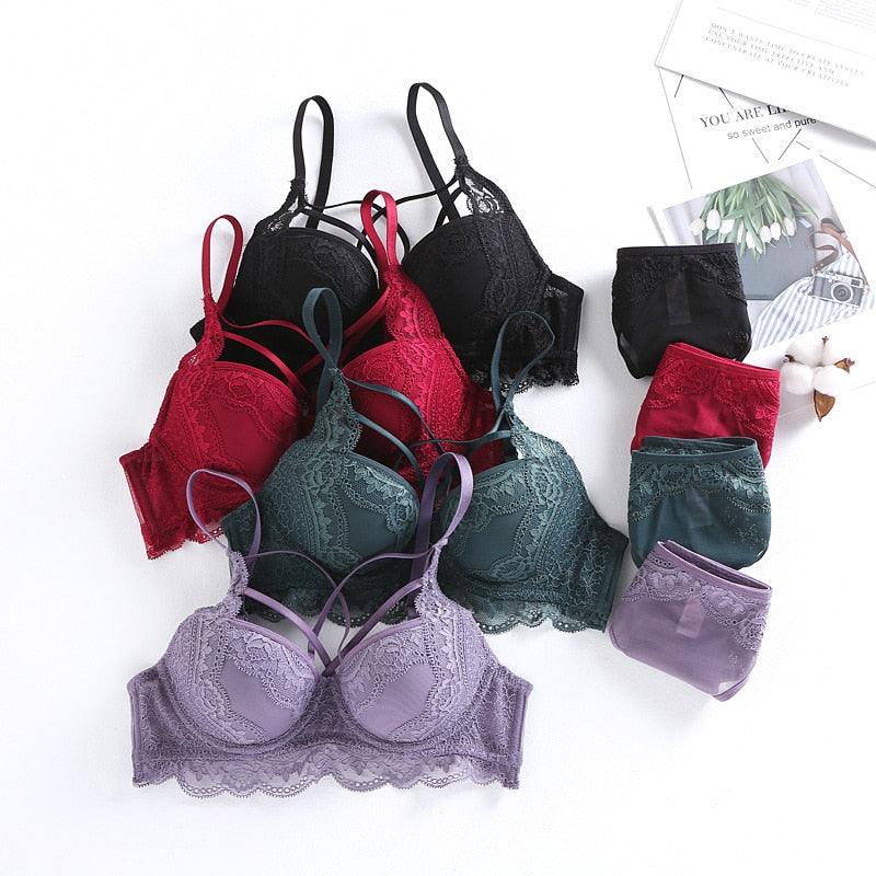 Gorgeous Sexy Cross Underwear - Hollow Push Up Bra Set - Lace Embroidery Bra + Panties - B C Cup - Push Size Lingerie Set (TSB4)