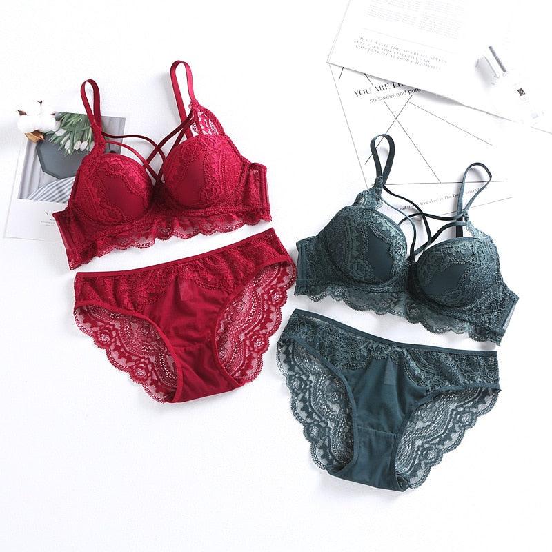 Gorgeous Sexy Cross Underwear - Hollow Push Up Bra Set - Lace Embroidery Bra + Panties - B C Cup - Push Size Lingerie Set (TSB4)