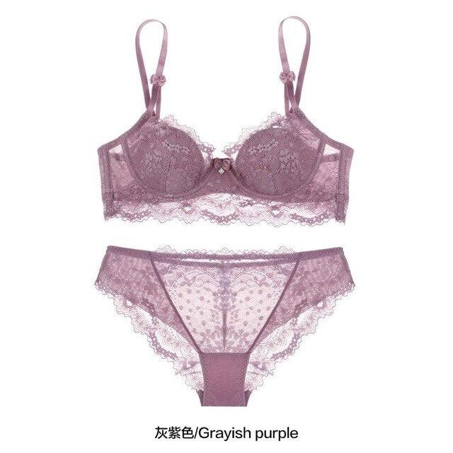 European Sexy Lace Bra Set - Wireless Ultra Thin Women's Transparent Underwear - Adjustable Push Up Bra + Panties Set (D27)(TSB4)