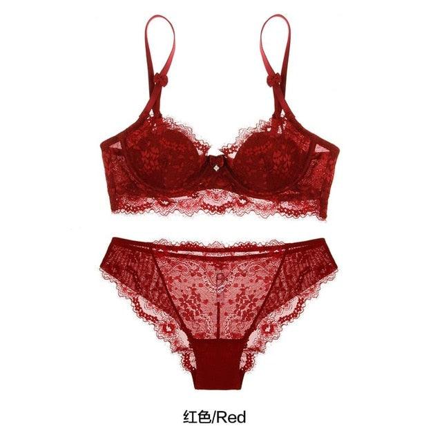 European Sexy Lace Bra Set - Wireless Ultra Thin Women's Transparent Underwear - Adjustable Push Up Bra + Panties Set (D27)(TSB4)