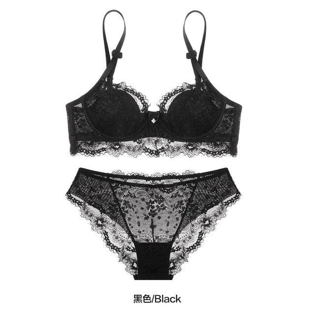 European Sexy Lace Bra Set - Wireless Ultra Thin Women's Transparent Underwear - Adjustable Push Up Bra + Panties Set (D27)(TSB4)