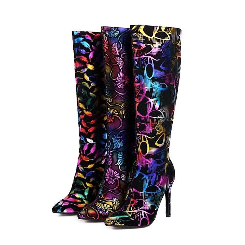 Gorgeous Printed Knee Length Boots - High Stiletto Round Toe D38)D36)(BB3)(BB2)(CD)(WO4)