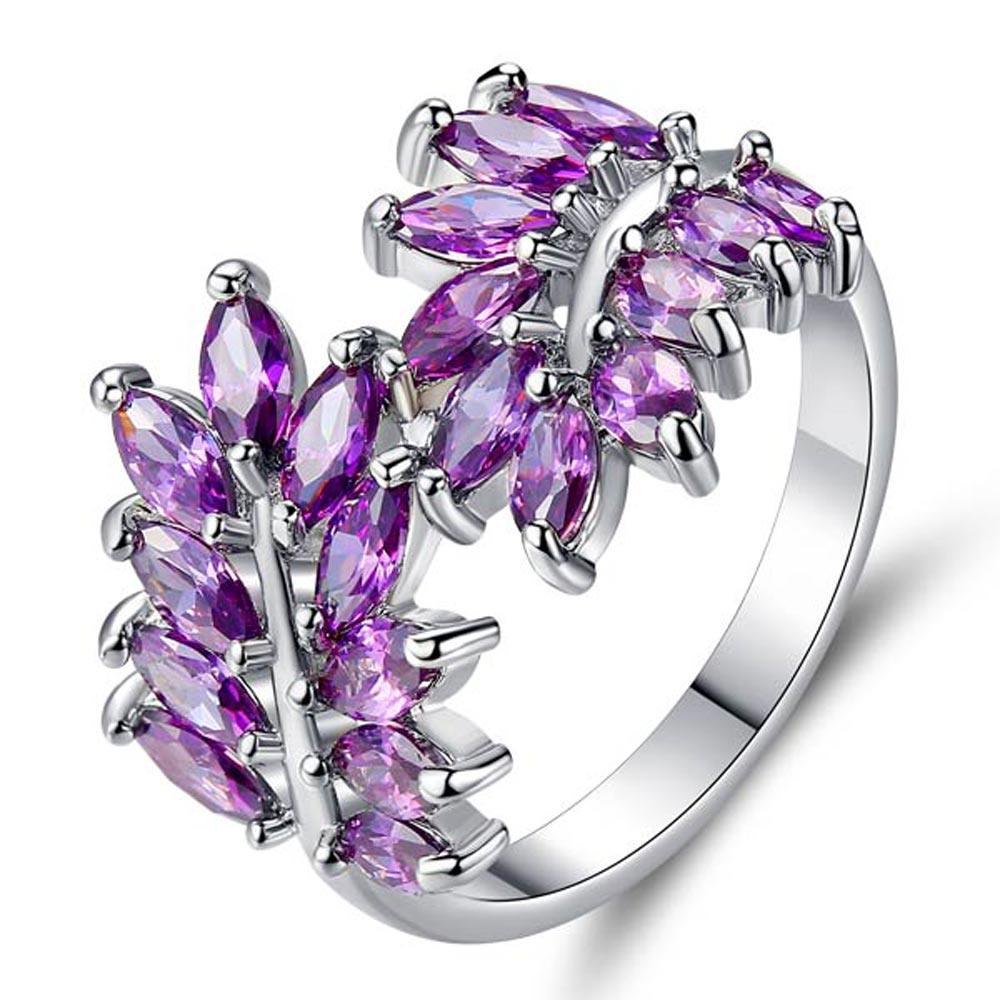 Exquisite Purple Zircon Leaves Rings - Women Shiny Fashion Silver Color Ring - Valentine Day Accessories (7JW)(F81)