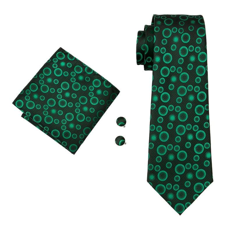 Fashion Men's Tie Green Dot Geometric Silk Jacquard Woven Necktie Hanky Cufflinks Set Tie (2U17)