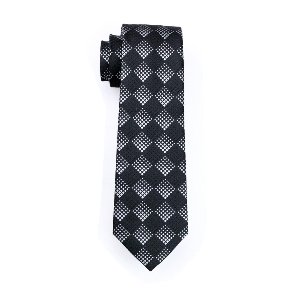 Necktie Black Plaid 100% Silk Jacquard Tie - Hanky Cufflinks Set- Business Wedding Party Ties (2U17)