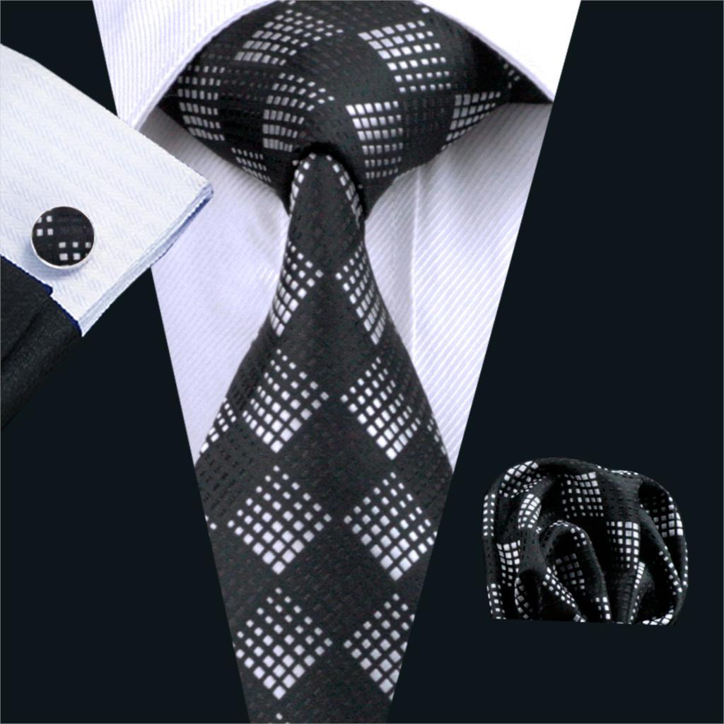 Necktie Black Plaid 100% Silk Jacquard Tie - Hanky Cufflinks Set- Business Wedding Party Ties (2U17)