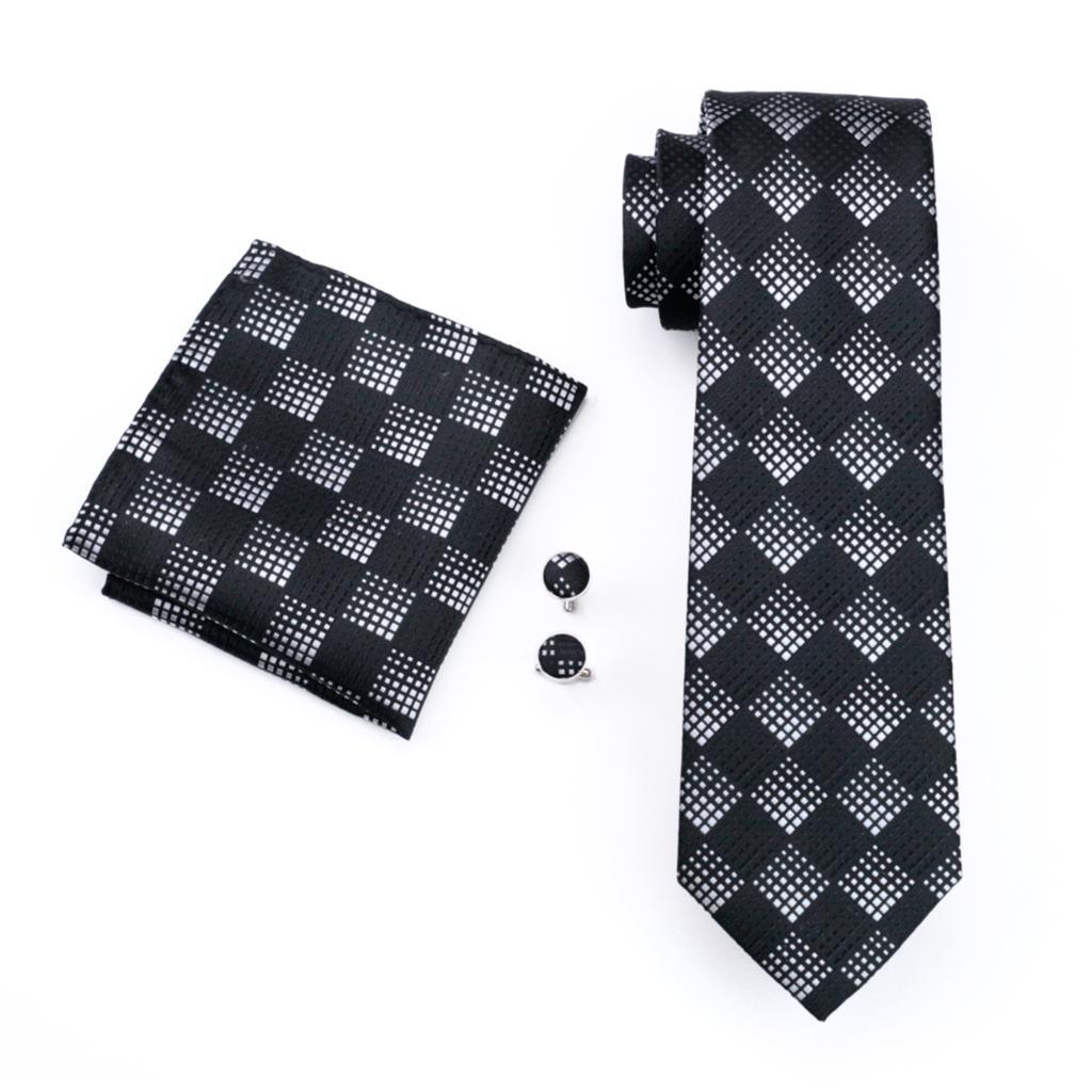 Necktie Black Plaid 100% Silk Jacquard Tie - Hanky Cufflinks Set- Business Wedding Party Ties (2U17)