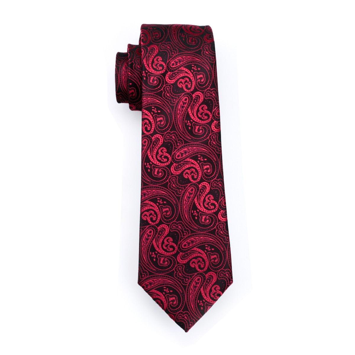 Men's Tie Red Paisley Silk Jacquard Woven Classic Tie - Hanky Cufflinks Set For Men Business (2U17)